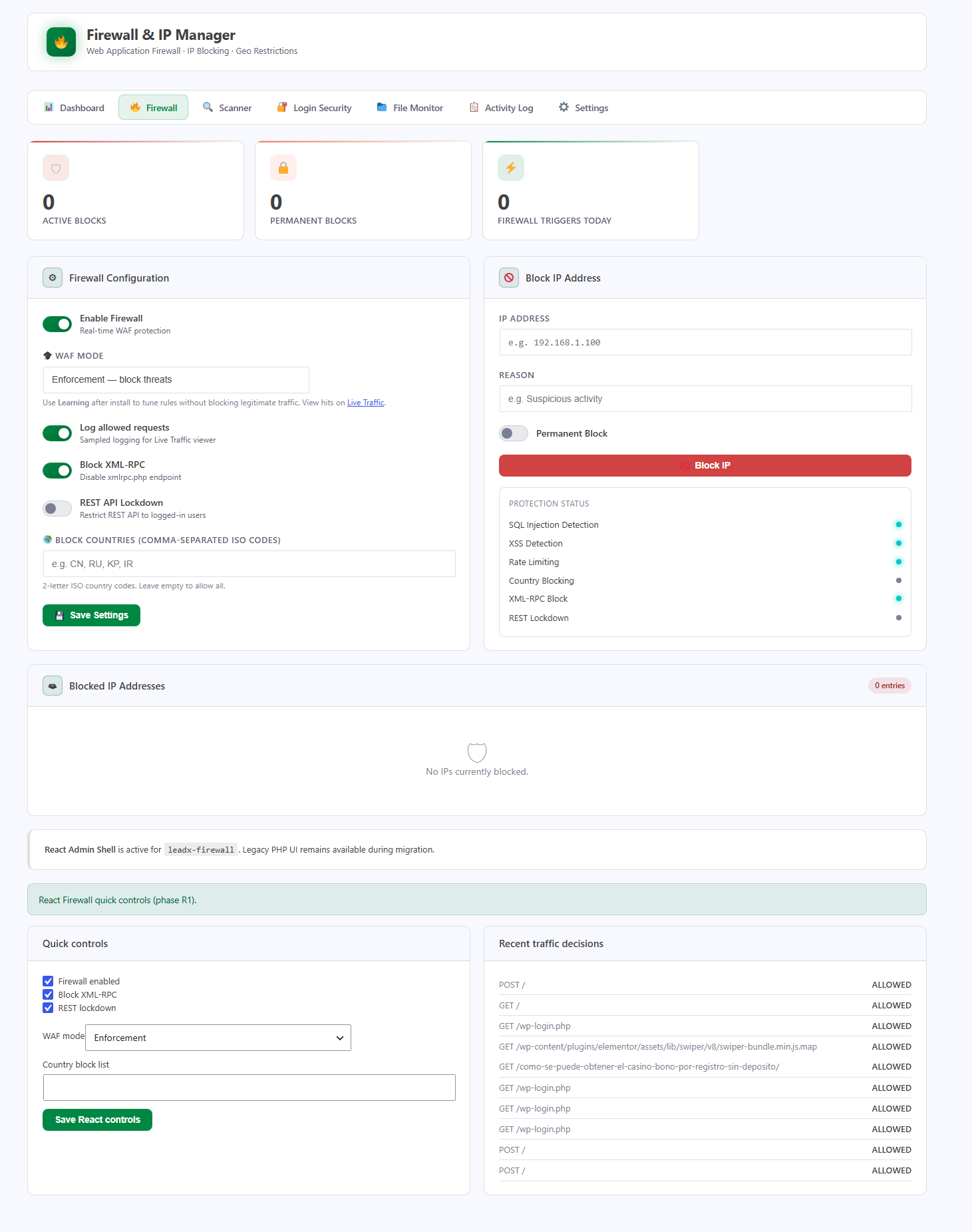 LeadX Security Firewall and IP Manager with WAF settings, block IP controls, and traffic decisions