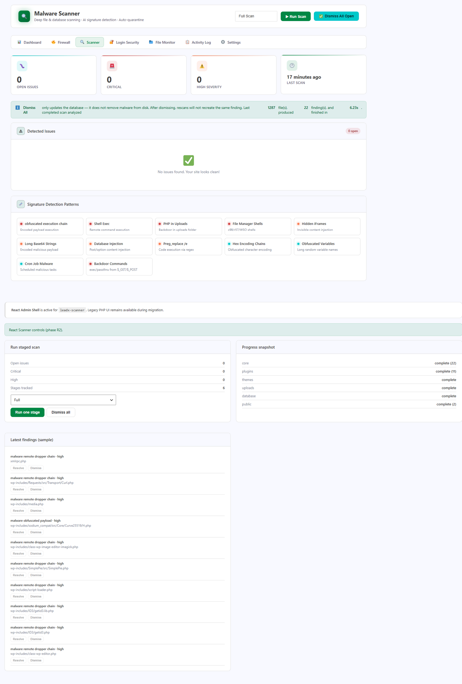 LeadX Security Malware Scanner with WordPress scan results, signatures, and findings